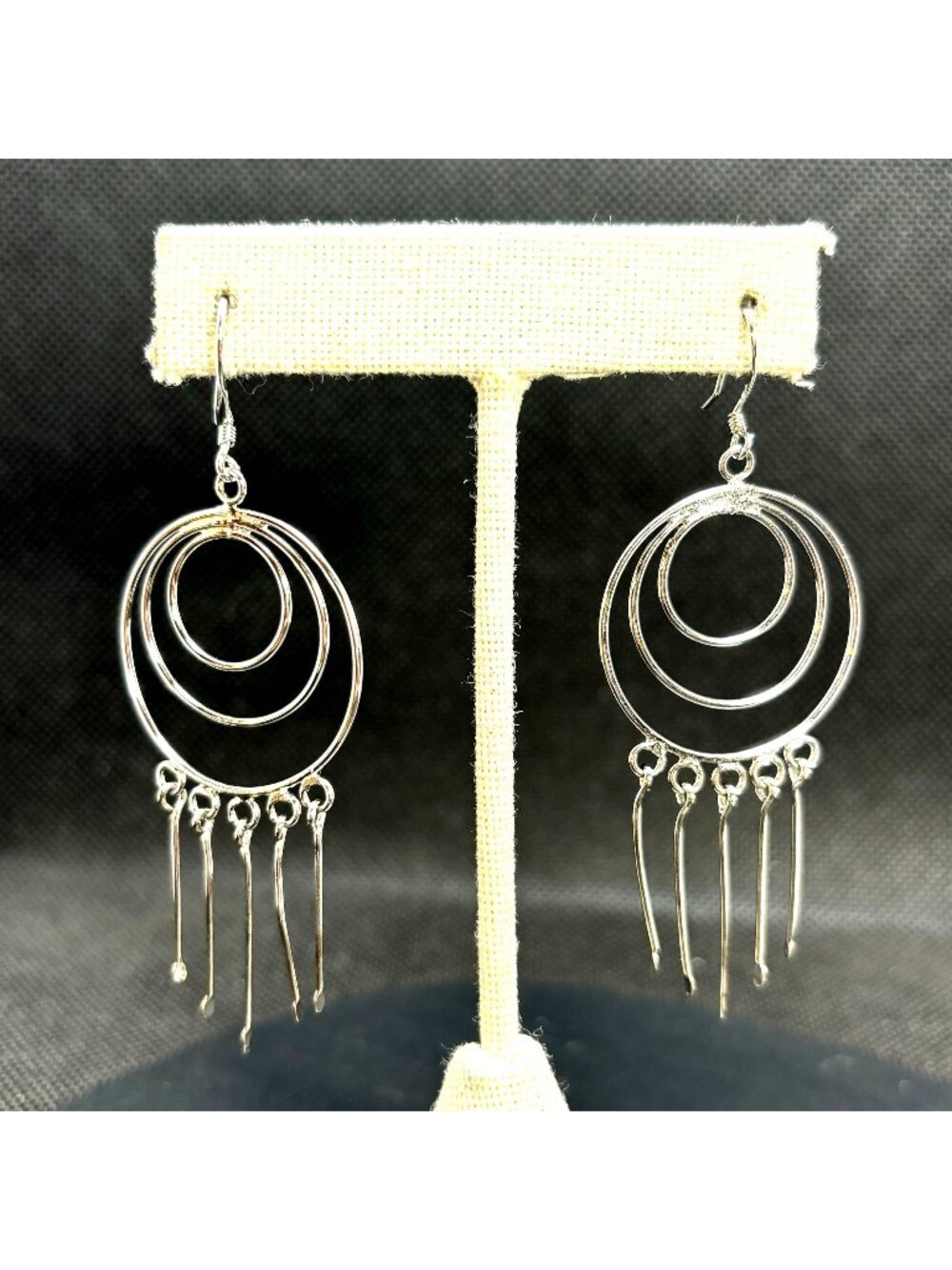 Triple Circle Dangle Earrings Tassels French Wire Hooks VTG Sterling Silver 3"